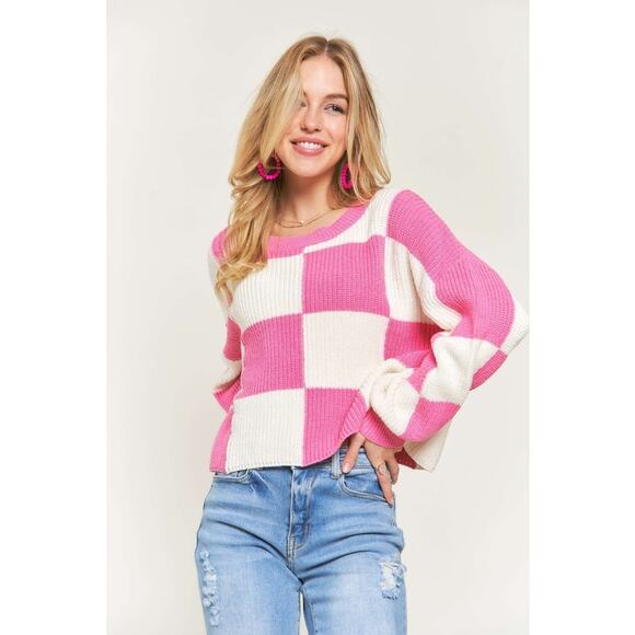 ADORA Plus Size Comfy Checkered Color Block Oversized Pullover Sweater | Pink - Picture 5 of 6
